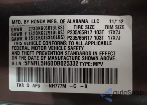 2013 Honda Odyssey Ex-L z USA, uszkodzony, nr VIN 5FNRL5H60DB025332